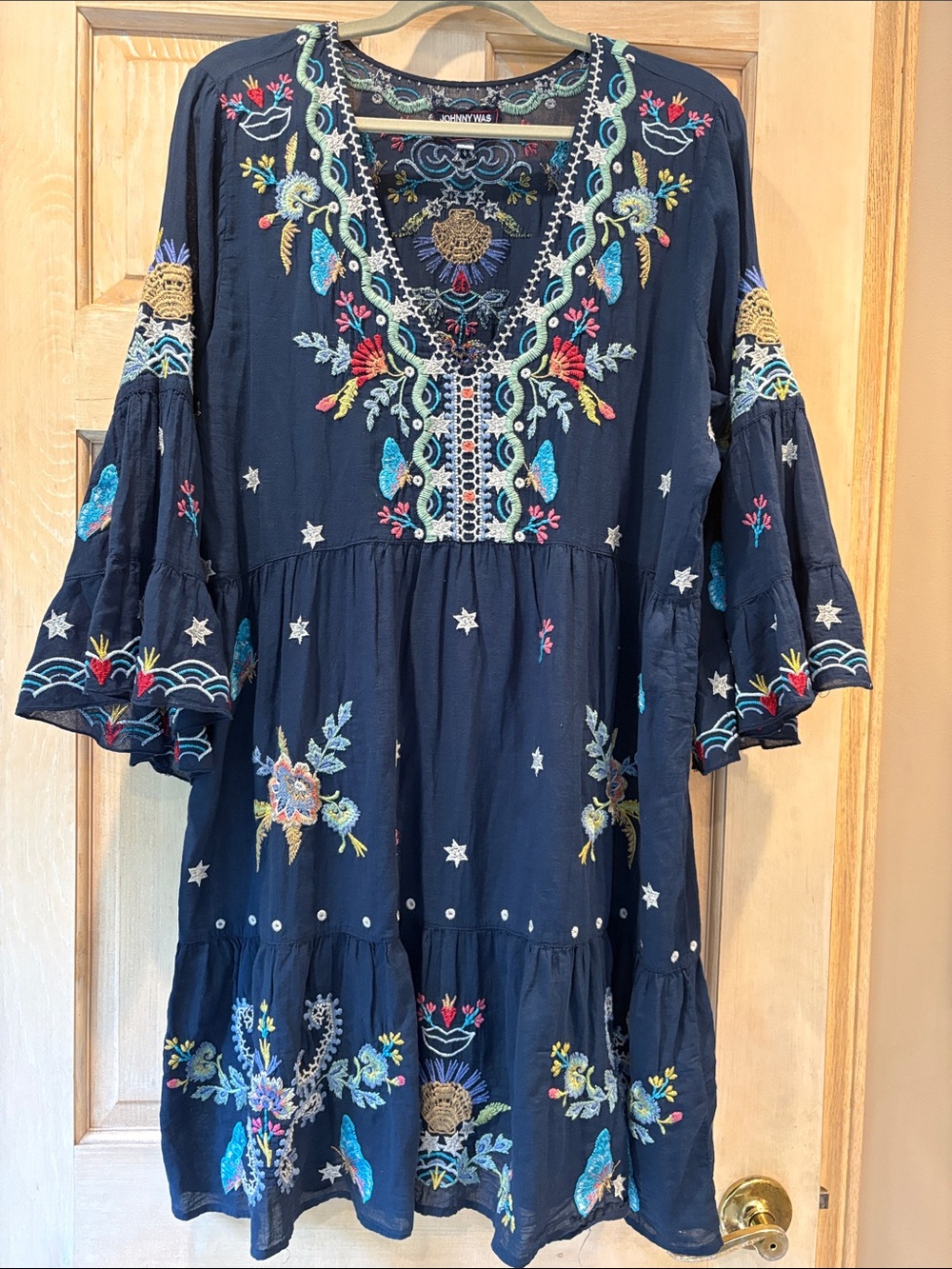 Johnny Was Navy Embroidered Boho Dress with Multicolor Stitching Size L